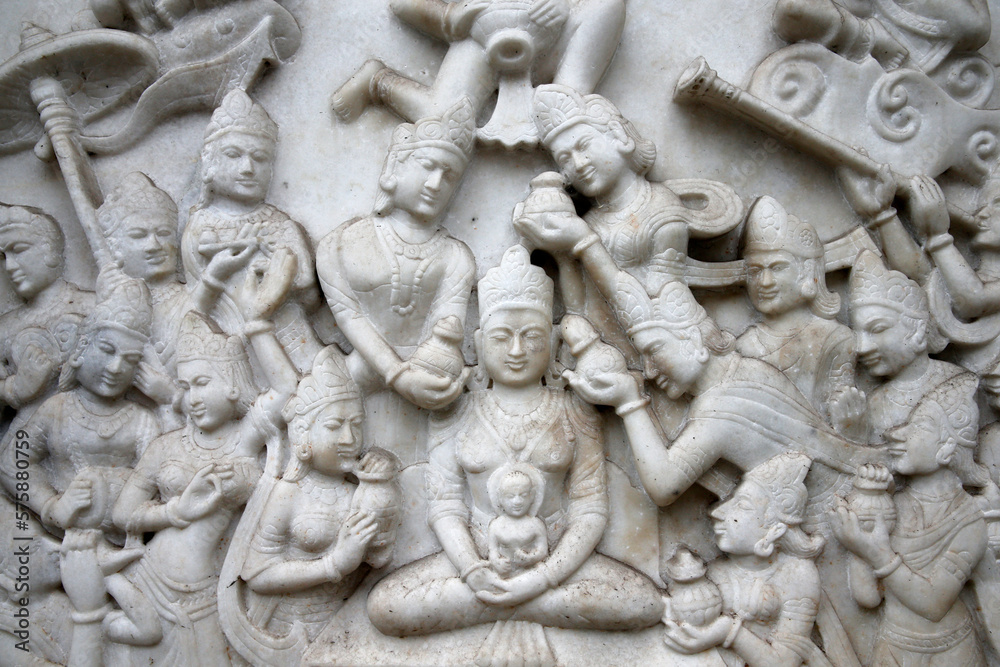 Reliefs outside Leicester Jain temple. United kingdom.