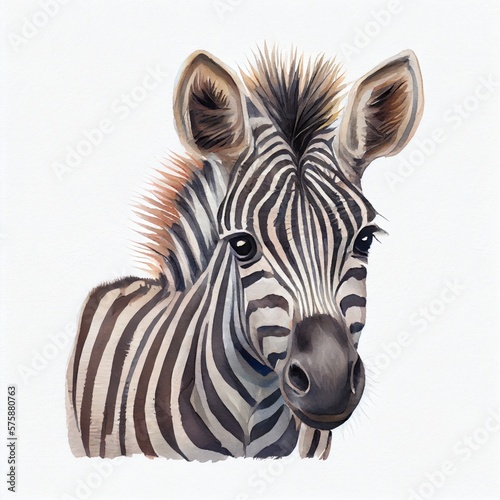 Cute portrait of a little zebra in watercolor