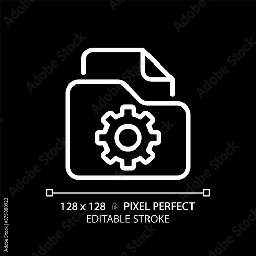 File management pixel perfect white linear icon for dark theme. Digital files browser. Folders organization. Computer system. Thin line illustration. Isolated symbol for night mode. Editable stroke