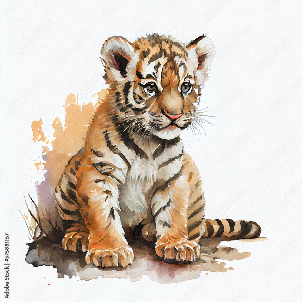 Portrait of a cute baby tiger, watercolor illustration - obrazy, fototapety, plakaty 