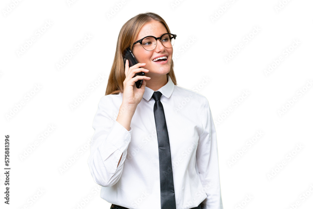 Young business caucasian woman over isolated background keeping a conversation with the mobile phone Young business caucasian woman over isolated background keeping a conversation with the mobile phone