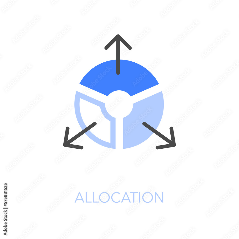 Simple visualised allocation icon symbol with a pie chart and distribution arrows. Simple visualised allocation icon symbol with a pie chart and distribution arrows.