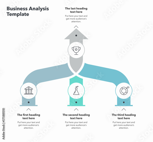 Flat infographic for business analysis with three converting level stages. Slide for business presentation.