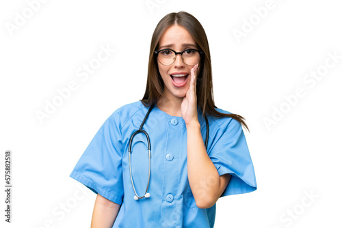 Young nurse caucasian woman over isolated background with surprise and shocked facial expression