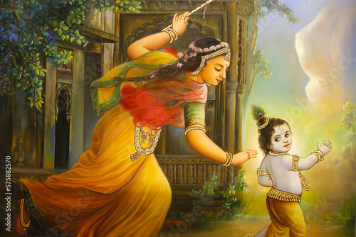 Jalaram Prathna hindu temple, Leicester. Fresco. Yashoda and Krishna. United kingdom. photo