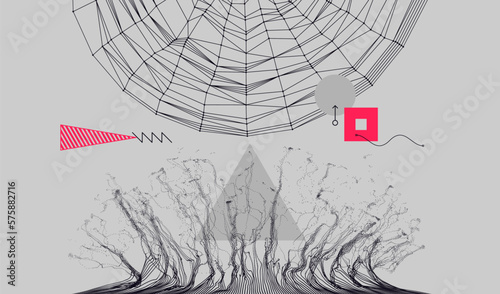 Array with dynamic emitted particles. Cobweb or spider web. Network background. Connection structure. Abstract vector illustration. Design for banner, flyer, poster, cover or brochure.