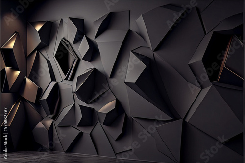 Contemporary interior with black polygonal wall and wooden flooring. Design concept. High quality illustration.