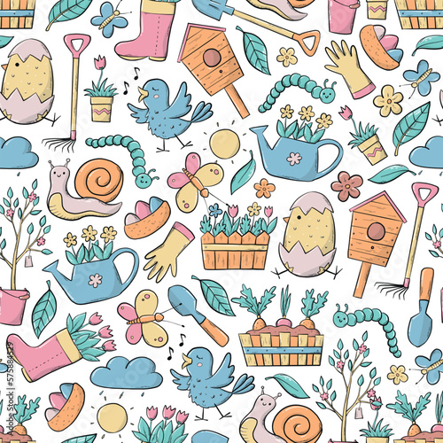 Spring seamless pattern with hand drawn doodles, cartoon elements. Good for nursery textile prints, wallpaper, scrapbooking, wrapping paper, backgrounds, etc. EPS 10