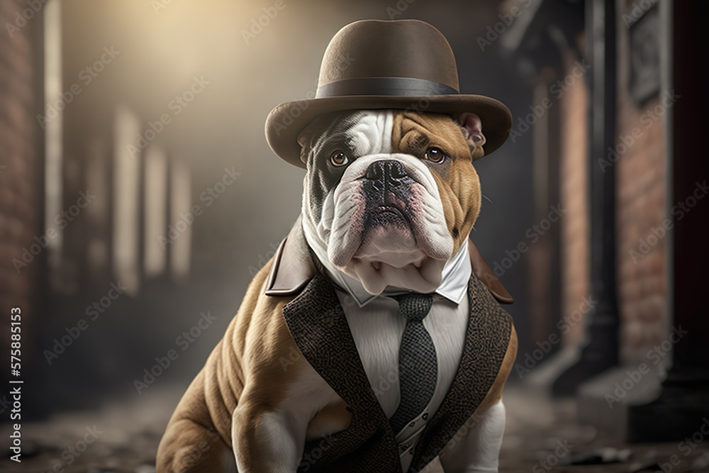 British bull dog with hat and suit, Generative Ai - obrazy, fototapety, plakaty 