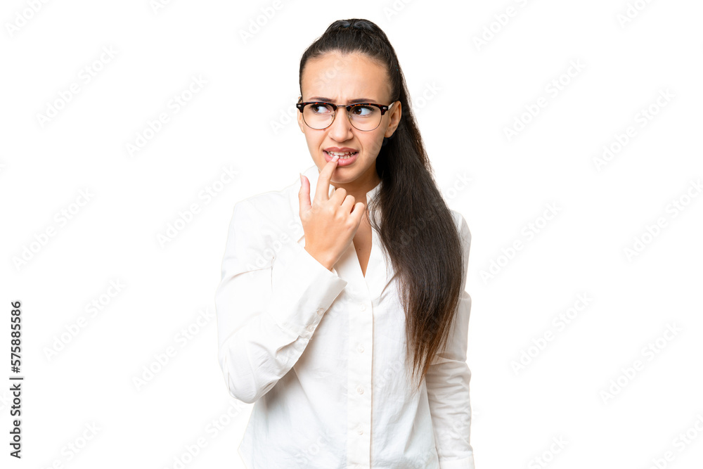 Young Arabian woman over isolated chroma key background nervous and scared Young Arabian woman over isolated chroma key background nervous and scared