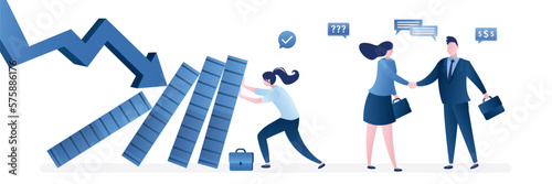 Risk, crisis management, concept. Business and finance protection. Effective businesswoman help, support company avoiding dominoes effect in economic crisis. Falling graph.