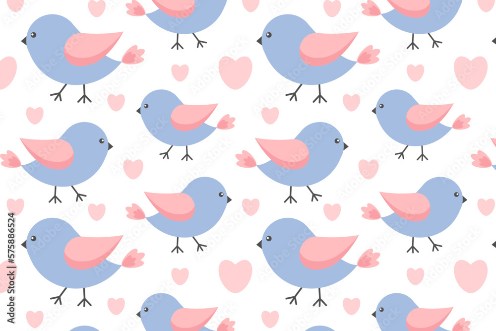 Seamless pattern with cute bird with pink wings. Funny character, little bird. Bird Day. For baby posters, cards, clothes, home textiles, wrapping paper, nursery. Vector illustration, white background