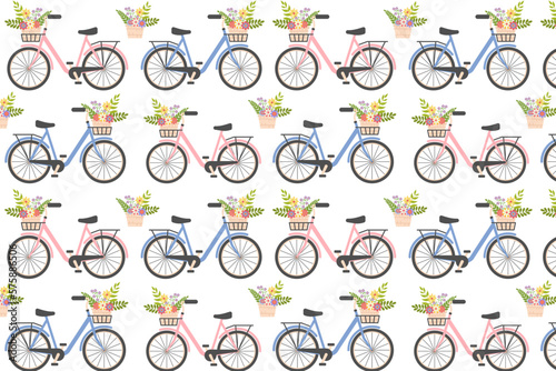 Seamless pattern with cute Ladies bicycles with basket of spring flowers. Women city retro bike. Summer floral vintage journey. Romance. Good for cards, greeting. Vector illustration, white background © Марина Волкова