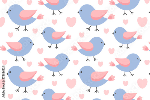 Seamless pattern with cute bird with pink wings. Funny character, little bird. Bird Day. For baby posters, cards, clothes, home textiles, wrapping paper, nursery. Vector illustration, white background © Марина Волкова