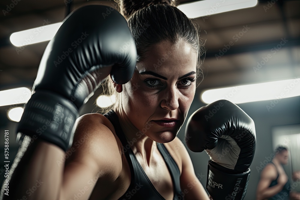 Female boxer training inside a boxing ring. Ai generative.