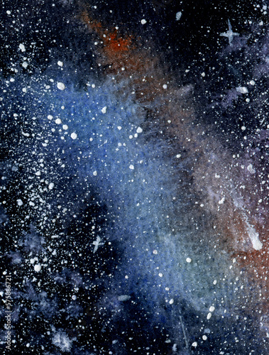 Watercolor hand drawn background of space, stars, constellation, nebula. Large resolution texture for the design of postcards, backdrops, websites, posters
