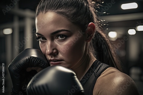Female boxer training inside a boxing ring. Ai generative.
