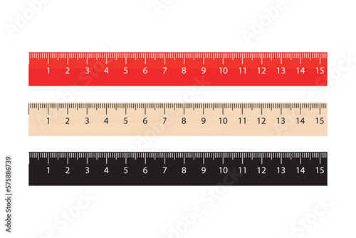 Set of rulers for measuring. Wooden, red plastic and black ruler silhouette. Collection of different measuring items. Design isolated on white background.