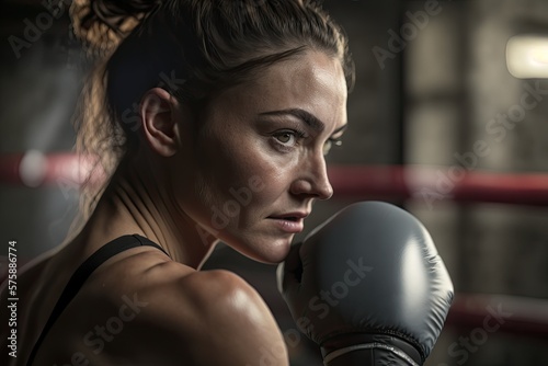 Female boxer training inside a boxing ring. Ai generative. © Nataly