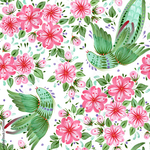 Floral seamless pattern in Ukrainian folk painting style Petrykivka. Fantasy birds, flowers, leaves isolated on a white background © L. Kramer