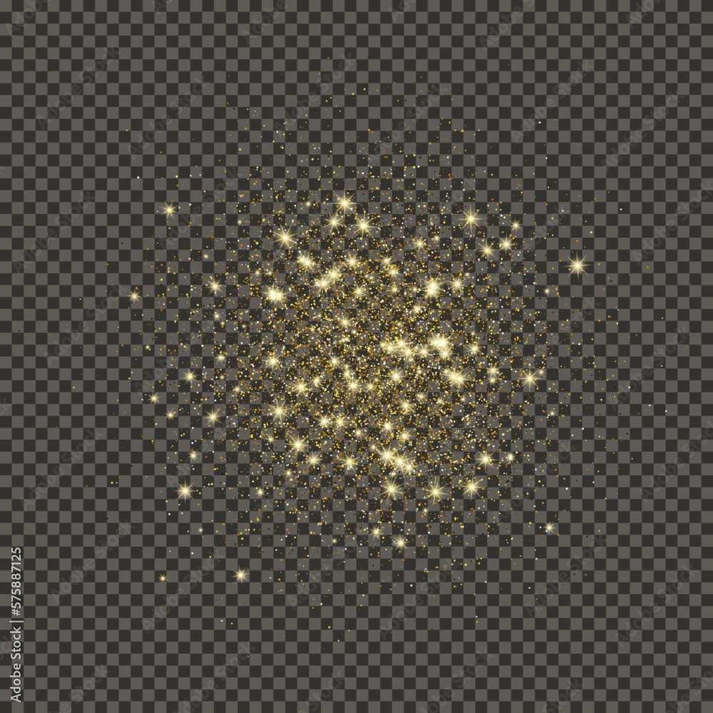 Gold glittering dust on transparent backdrop