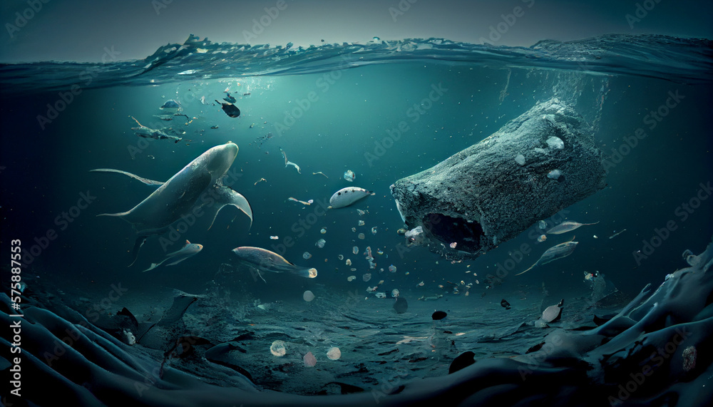 Naklejka premium Ocean pollution. Whale in the ocean among piles of garbage. Environmental Problem. Generated by artificial intelligence