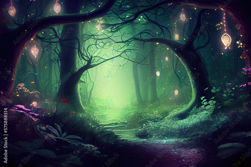 magic forest in the night created with Generative AI technology