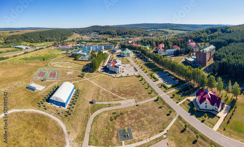 South Urals, Krasnousolsk Health Resort panorama: territory of sanatorium, residential and medical buildings. Aerial view. photo