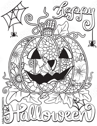 Happy Halloween Jack O’ Lanterns with pumpkins and flower elements. Hand drawn with black and white lines. Doodles art for greeting cards, invitation or poster. Coloring book for adult and kids.