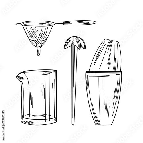 Set of bar accessories with mixing glass, strainer, boston shaker in line art