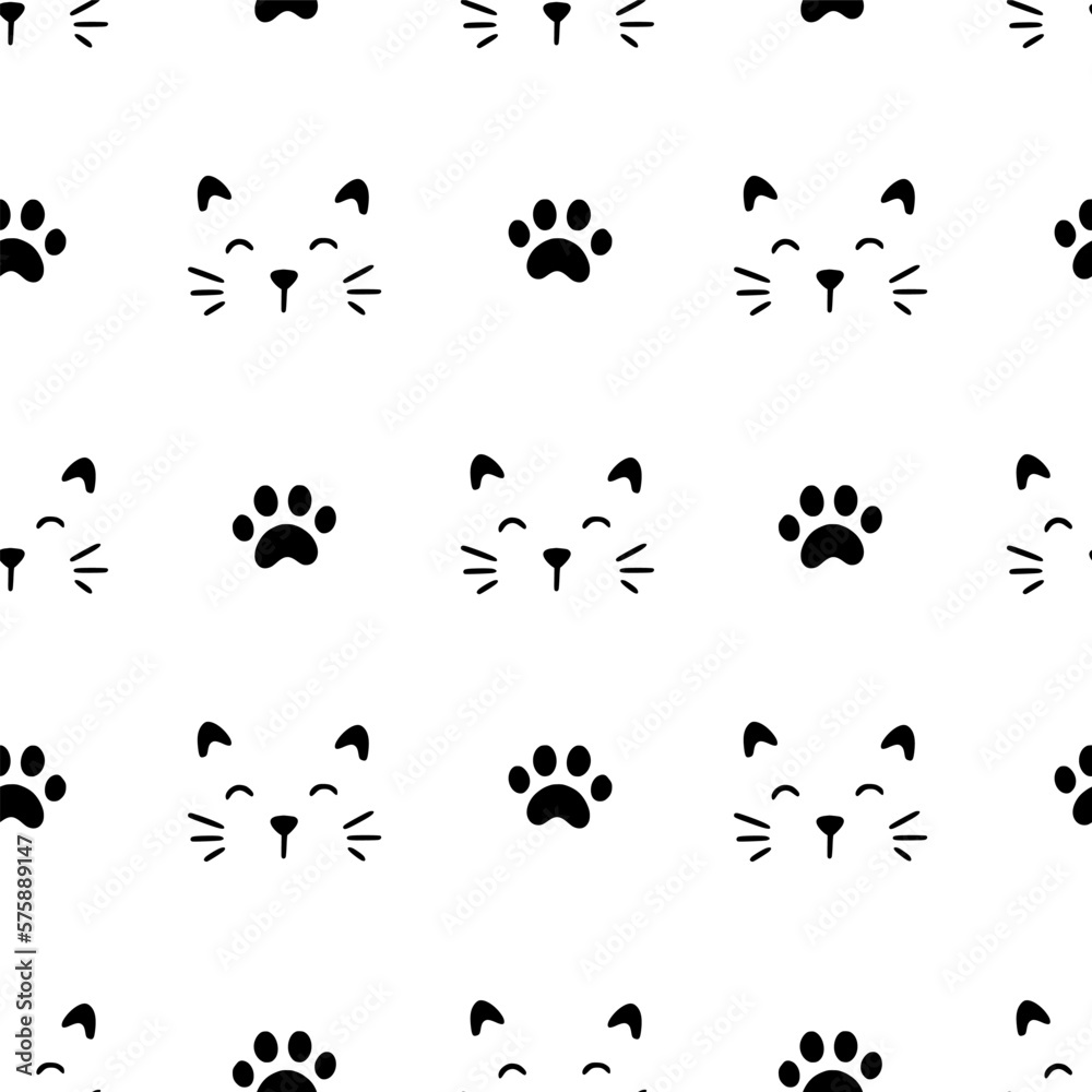 Fototapeta premium Cute cat face pattern seamless. Hand drawn sketch doodle kitty black face on white background. Cat footprint element. Cute pet pattern. Vector illustration.