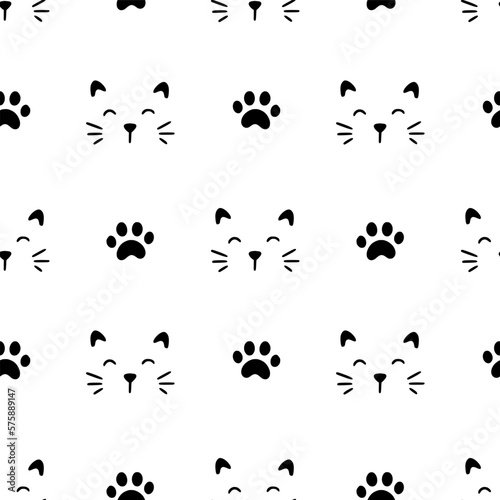 Cute cat face pattern seamless. Hand drawn sketch doodle kitty black face on white background. Cat footprint element. Cute pet pattern. Vector illustration.