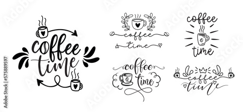 Coffee time. Vector set of typography quote. Design signboard text. Lettering word logo for poster, flyer, banner, menu cafe. Hand drawn slogan - coffee time. Illustration with cup, heart and arrows.