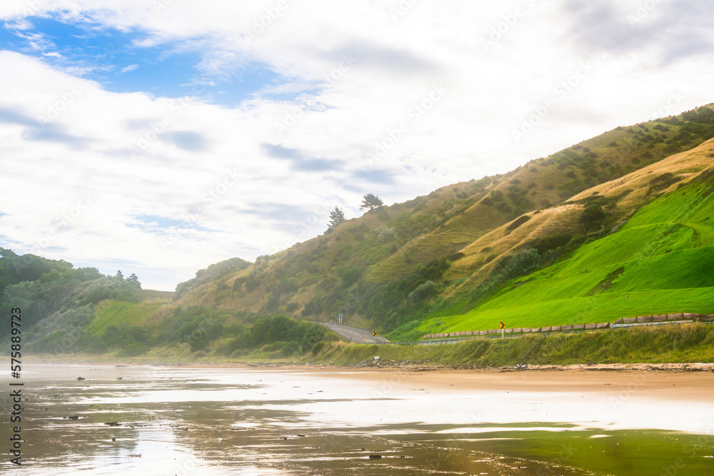 Dreamy photo of a narrow coastal road winding up the lush green hills along an ocean beach. Gisborne, North Island, New Zealand. Soft focus