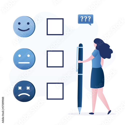 Thinking woman holds pen to evaluation or satisfaction feedback, performance rating or customer review, rate service. Online survey, testimonials. Emotions for mental health.