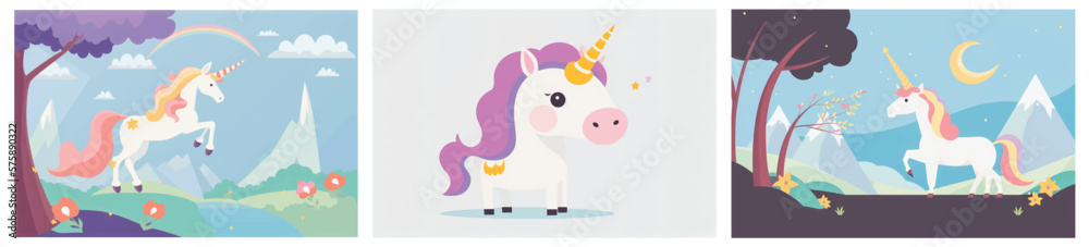 Get Lost in a Magical World with This Adorable Vector Illustration of a Unicorn in a Beautiful Nature Background - Perfect for Adding Whimsy and Enchantment to Your Projects Collections