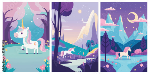 Get Lost in a Magical World with This Adorable Vector Illustration of a Unicorn in a Beautiful Nature Background - Perfect for Adding Whimsy and Enchantment to Your Projects Collections