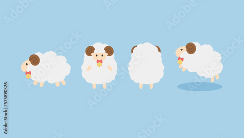 Cute sheep doll with illustrations of standing, facing back, sideways, and jumping movements