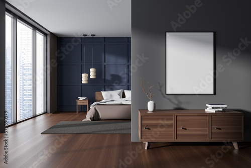 Grey bedroom interior with bed and sideboard  panoramic window. Mockup frame