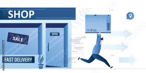 Fast delivery of goods or food from store. Male courier holds big box and run to client from door of the store. Online trade, e-commerce. Delivery service boxes of items to customers.