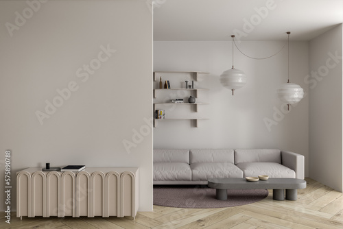 Light lounge room interior with couch and copy space wall  drawer and decoration