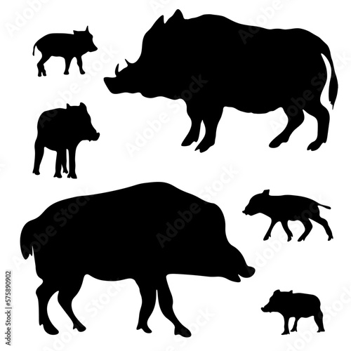 Wildlife hunting hunt hunter animals vector logo illustration set - Black silhouette of wild boar, boar, bachelor, piglet, baby, family, isolated on white background