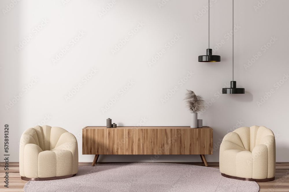 Stylish living room interior with two seats and sideboard. Mockup wall - obrazy, fototapety, plakaty 