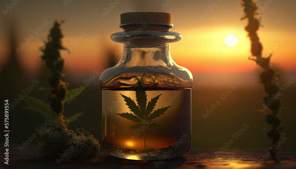 cannabis oil in a jar on a field background. Generative AI cannabis oil in a jar on a field background. Generative AI