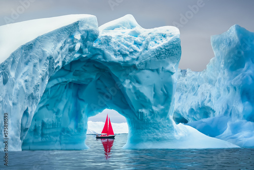 Fotografering Red sailboat sailing under a majestic iceberg arch on sunny blue Arctic Ocean in Greenland