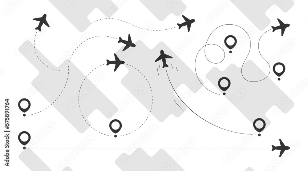 Fototapeta premium Plane fly route with map pointer collection in black