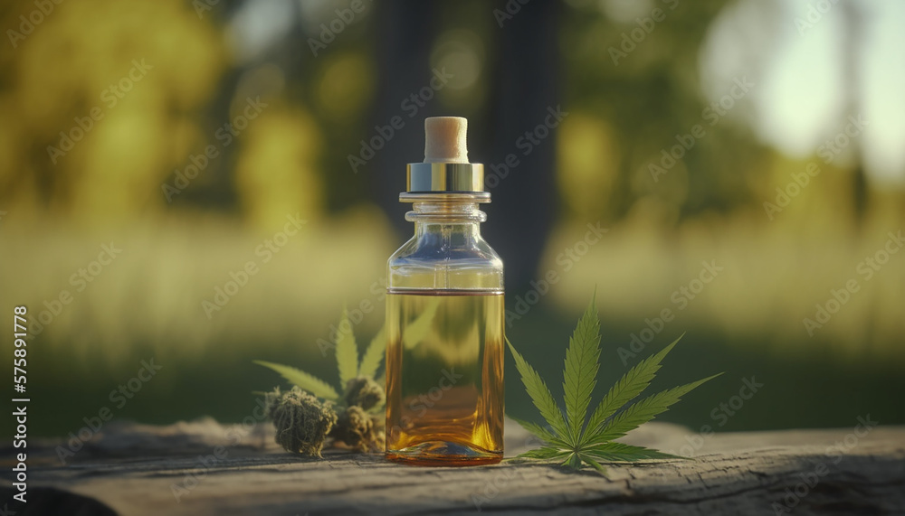 cannabis oil in a jar on a field background. Generative AI cannabis oil in a jar on a field background. Generative AI