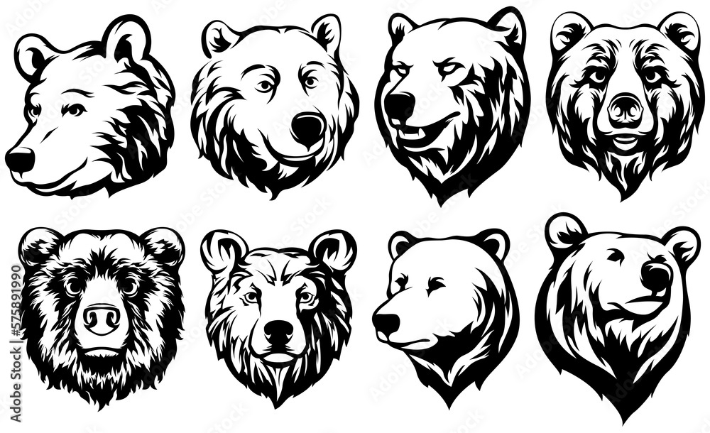 Head of bear. Abstract character illustration variant set. Graphic logo design template for emblem. Image of portrait. Head of bear. Abstract character illustration variant set. Graphic logo design template for emblem. Image of portrait.