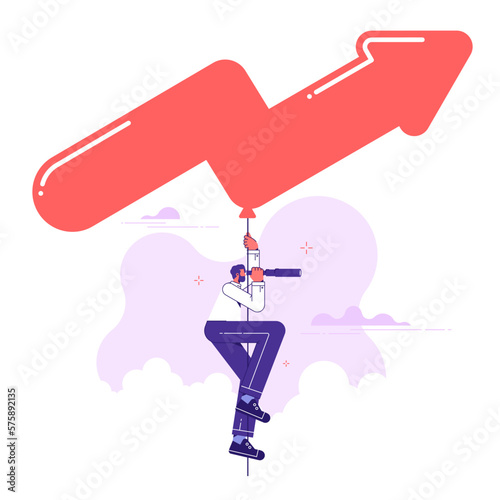 Man with spyglass hung arrow hot air balloon searching for new business opportunity, vector illustration of business vision or new business opportunity concept