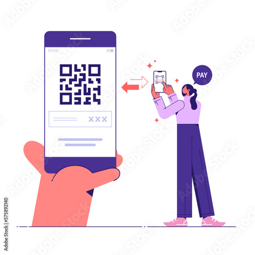 Use mobile cashless payment system or scan qr code vector flat illustration, woman holding smartphone to use application for pay with qr code, mobile wireless cashless or contactless payment system